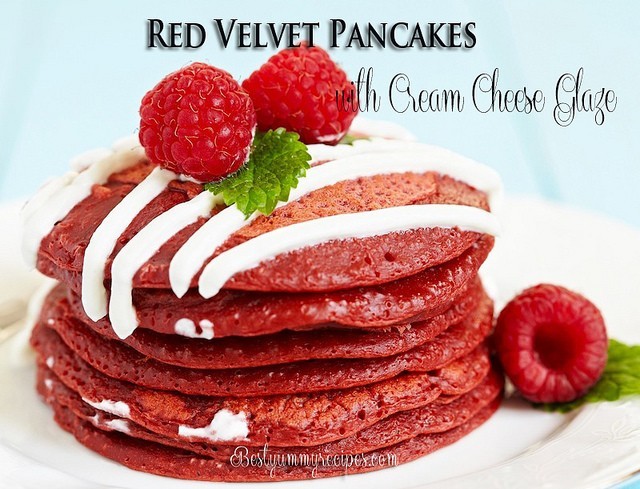 Red Velvet Pancakes with Cream Cheese Glaze