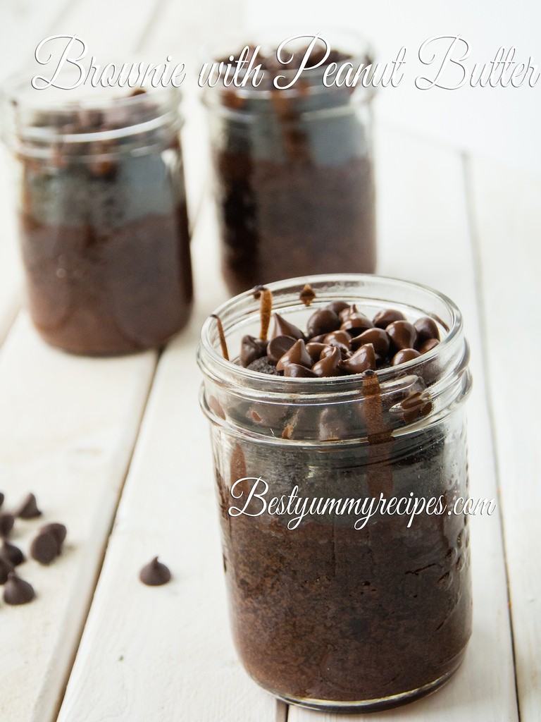 Brownie with peanut butter baked in a jar