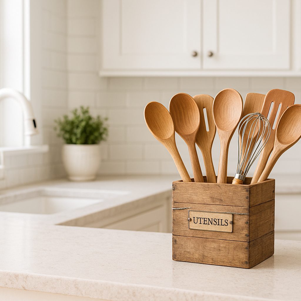 DIY Kitchen Utensil Holder Ideas | Easy Storage & Style 11 DIY wooden kitchen utensil holder on a rustic farmhouse countertop