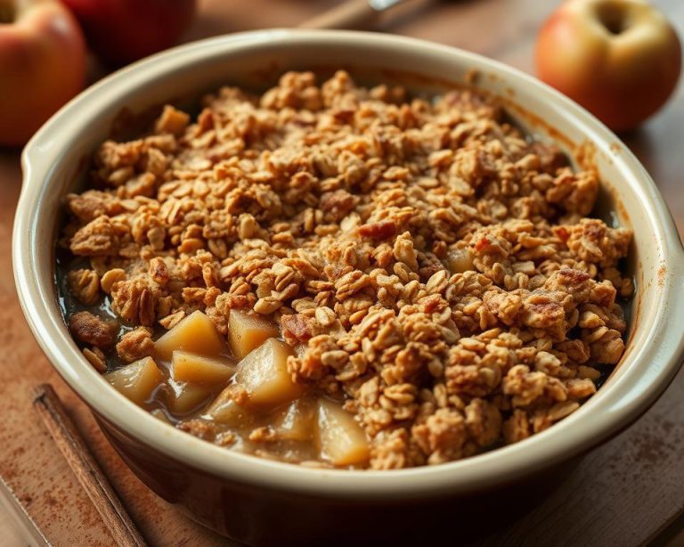 Warm and comforting homemade apple crisp topped with a buttery oat crumble, served fresh from the oven and garnished with a scoop of vanilla ice cream, perfect for a cozy dessert.