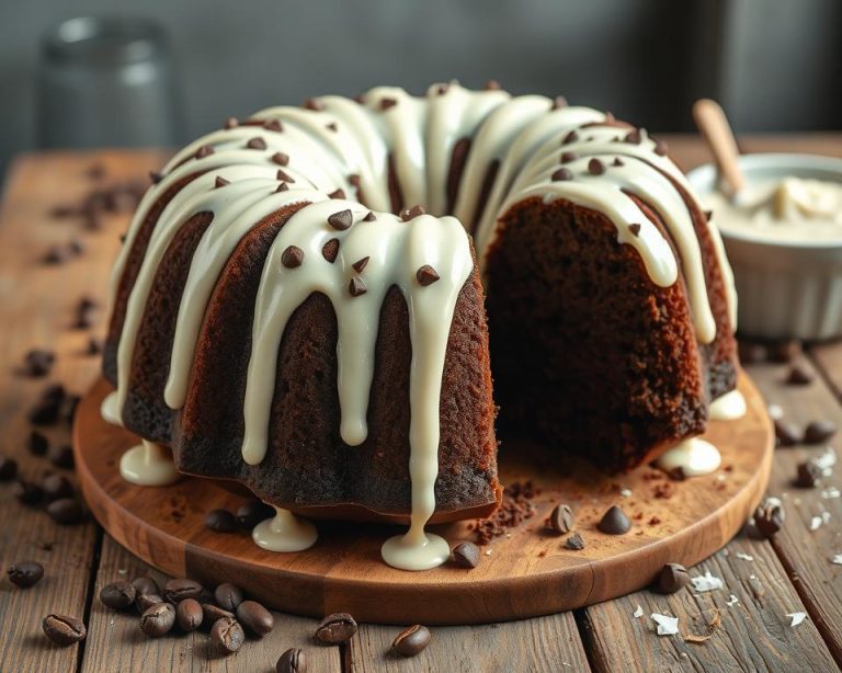 Perfectly moist chocolate chocolate chip bundt cake topped with a rich drizzle of chocolate ganache, served on a white plate for a decadent homemade dessert.