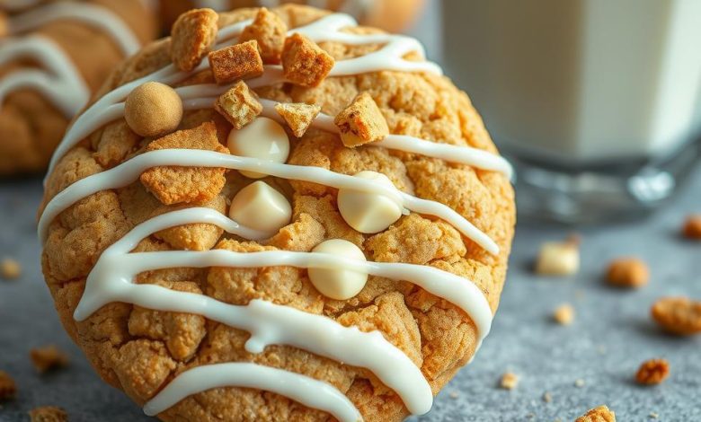 A close-up of a freshly baked cookie topped with white chocolate chips, drizzled with white icing, and sprinkled with crunchy Biscoff cookie pieces. A glass of milk is blurred in the background, complementing the cookie's golden texture and rich toppings.