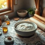 Homemade pizza dough on a wooden surface, perfectly kneaded and ready to bake, ideal for crafting delicious, fresh, and crispy homemade pizzas.