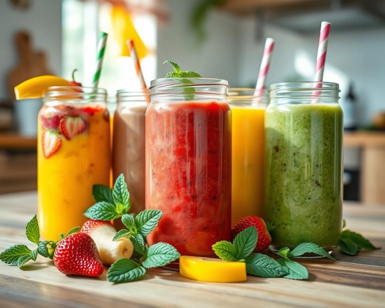 smoothie recipes An assortment of colorful smoothies in clear glasses, featuring tropical fruits, green vegetables, and vibrant ingredients, perfect for healthy and refreshing recipes