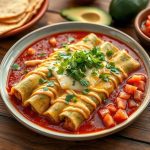 Ingredients for enchiladas, including tortillas, chicken, and green sauce