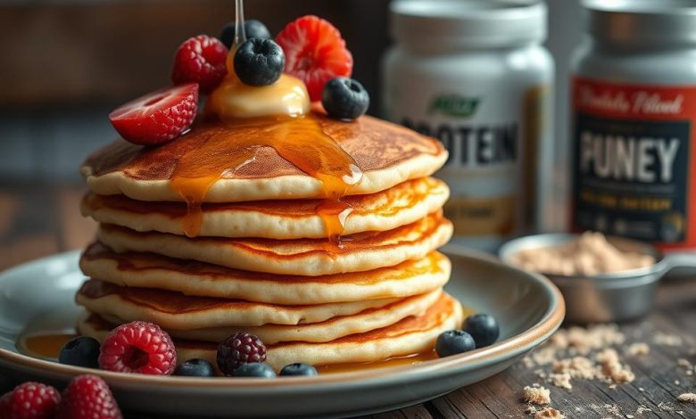 Delicious stack of protein pancakes on a white plate, topped with fresh blueberries, a drizzle of maple syrup, and a sprinkle of powdered sugar, highlighting a healthy and nutritious breakfast option