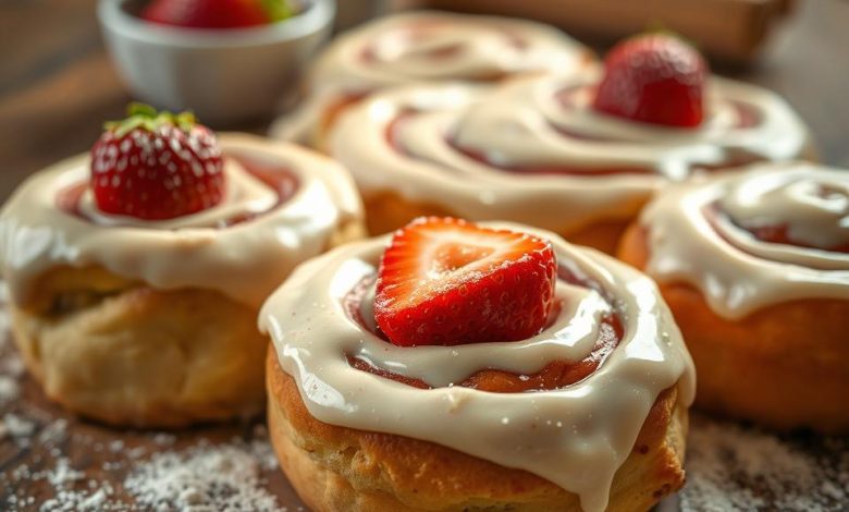 Strawberry cinnamon rolls with thick cream cheese frosting, garnished with fresh strawberry slices on top. The rolls are displayed on a wooden surface, accompanied by a background of fresh strawberries in a bowl, creating a cozy and appetizing setting.
