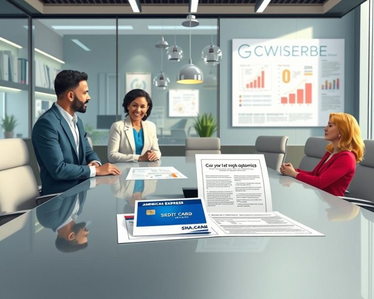 Professional business meeting focused on financial strategies, credit cards, and investment options, with charts and reports displayed in a modern office setting