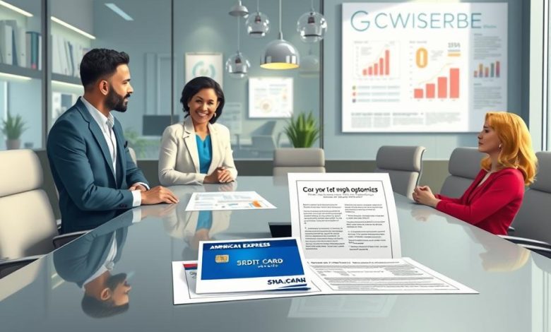 The Best Small Business Loans: Unlock Your Potential with American Express & SBA Options 11 Professional business meeting focused on financial strategies, credit cards, and investment options, with charts and reports displayed in a modern office setting