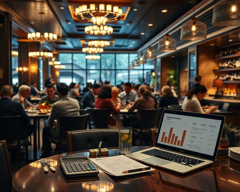 Modern restaurant interior with customers dining, a table in the foreground featuring a laptop displaying financial graphs, a calculator, and business documents, symbolizing restaurant financing and business planning.