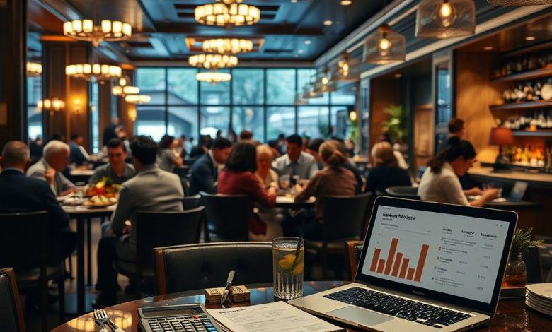 Best Restaurant Business Loans & Financing Options for Now 11 Modern restaurant interior with customers dining, a table in the foreground featuring a laptop displaying financial graphs, a calculator, and business documents, symbolizing restaurant financing and business planning.