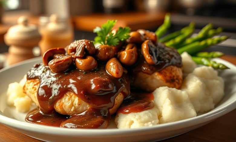 Easy Chicken Madeira: A Cheesecake Factory Copycat Delight 11 Succulent chicken breasts topped with a rich, savory mushroom gravy, paired with buttery mashed potatoes and fresh asparagus, creating a perfect dinner dish.
