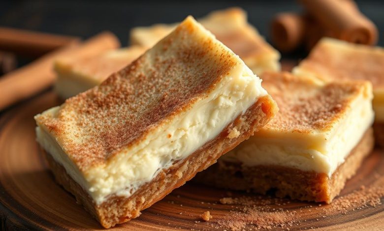Easy Churro Cheesecake Bars Recipe | Delicious Bar Recipe to Try 11 Close-up of delicious churro cheesecake bars with a golden cinnamon sugar topping. This dessert combines the creaminess of cheesecake with the crispy texture of churros, perfect for any occasion."