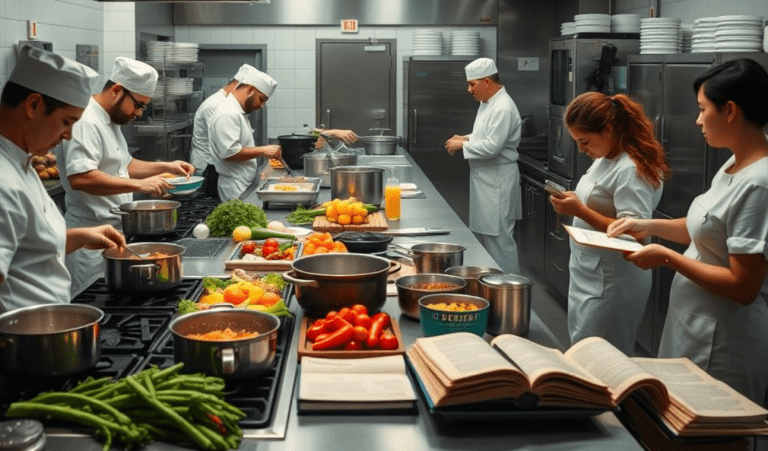 Culinary students preparing gourmet dishes in a fully equipped kitchen at a culinary school.