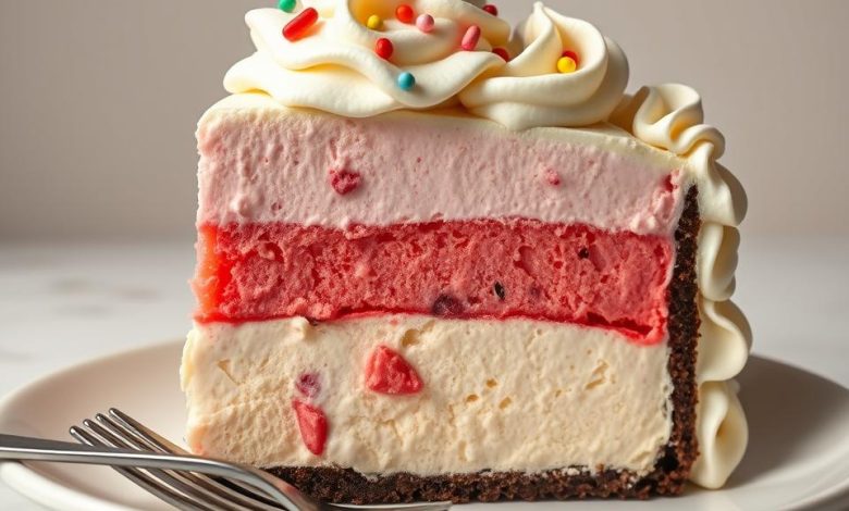 How to Make a Homemade Ice Cream Cake Recipe: A Dairy Queen Delight (Copycat) 11 A slice of layered frozen dessert featuring three distinct layers: a creamy vanilla base, a vibrant red berry middle, and a soft pink strawberry top. Decorated with piped whipped cream swirls and colorful candy sprinkles, served on a clean white plate with forks nearby.