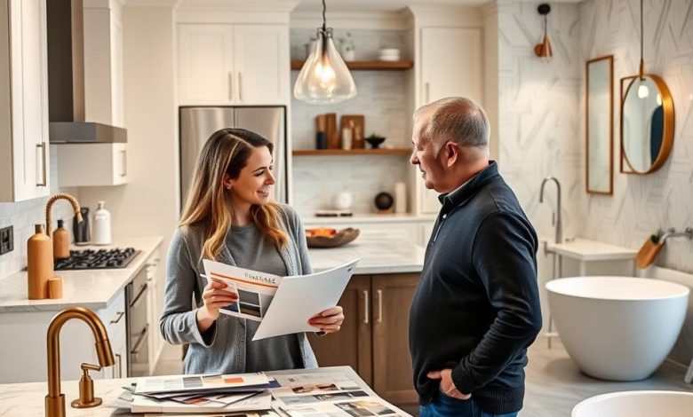 Transform Your Home with Gorgeous Kitchen and Bathroom Remodel Ideas 11 Kitchen and bathroom remodel planning with a designer discussing materials, layouts, and finishes. Ideal for modern home renovation projects.