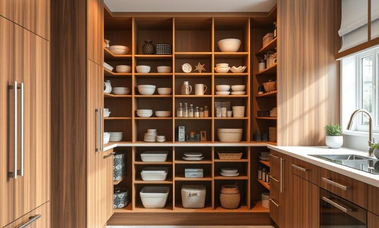 Modern kitchen with floor-to-ceiling wooden shelves displaying neatly organized dishes, bowls, and decorative items in natural light