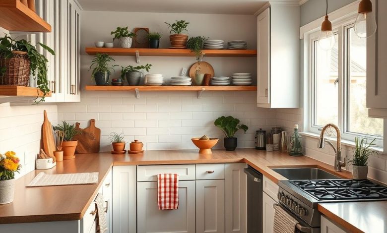 Kitchen Remodel: Budget-Friendly Tips to Lower Average Kitchen Remodel Costs 11 Modern kitchen with white cabinets, wooden countertops, open shelves decorated with plants and dishes, and bright natural lighting.