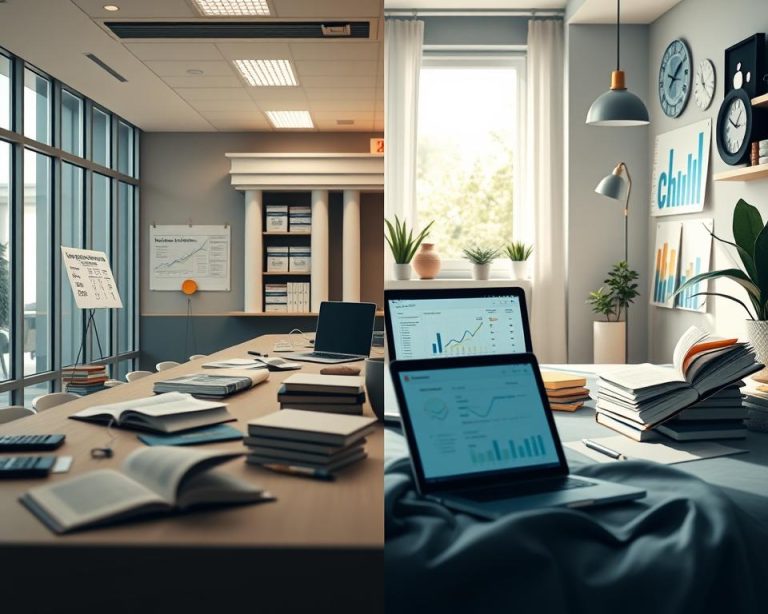 Modern workspace setup with laptops, books, and financial charts for data analysis and research. Ideal for concepts like student loan refinancing, productivity, and financial planning