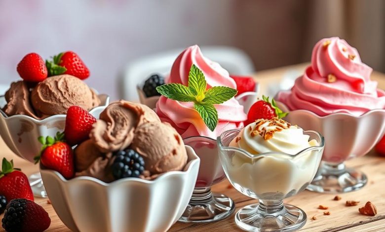 Sugar-free ice cream sundaes in elegant glass bowls topped with berries, whipped cream, and nuts for a delicious low-carb dessert experience.