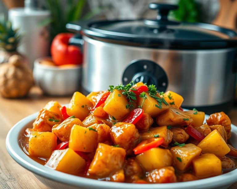A hearty plate of Sweet Hawaiian Crockpot Chicken with tender chicken pieces, juicy pineapple chunks, and vibrant bell peppers, garnished with parsley. A slow cooker favorite with a backdrop of fresh ingredients and a crockpot