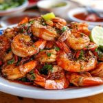 A plate of Camarones a la Diabla served with lime wedges and garnished with cilantro, offering a vibrant and authentic Mexican shrimp dish.