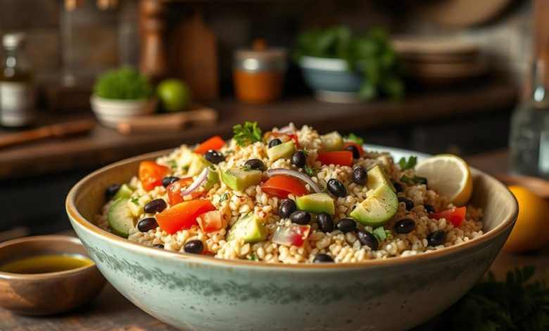 What Is Hominy Corn and How to Cook Hominy for Delicious Dishes 11 A close-up shot of a hominy salad in a wide ceramic bowl, featuring black beans, tomatoes, cucumbers, and onions. The kitchen background and warm lighting emphasize a comforting, homemade meal filled with bright, nourishing vegetables.