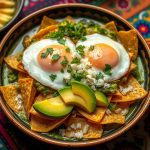 Celebrating Chilaquiles A colorful bowl of green chilaquiles topped with two sunny-side-up fried eggs, sliced avocado, crumbled queso fresco, and fresh cilantro, served on a traditional Mexican patterned tablecloth