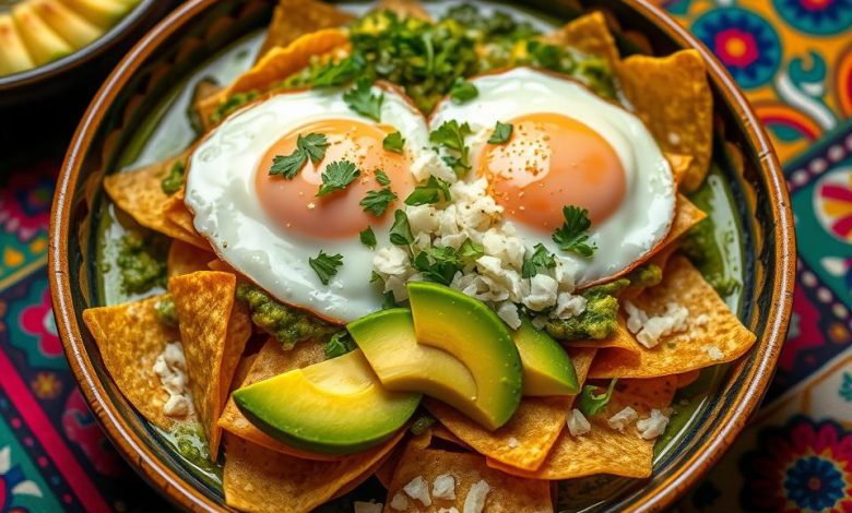 Celebrating Chilaquiles: Authentic Mexican Chilaquiles Recipe & Variations 11 Celebrating Chilaquiles A colorful bowl of green chilaquiles topped with two sunny-side-up fried eggs, sliced avocado, crumbled queso fresco, and fresh cilantro, served on a traditional Mexican patterned tablecloth