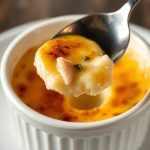 A creamy spoonful of Crab Brûlée Recipe served in a white ramekin with caramelized topping and fresh crab meat pieces.