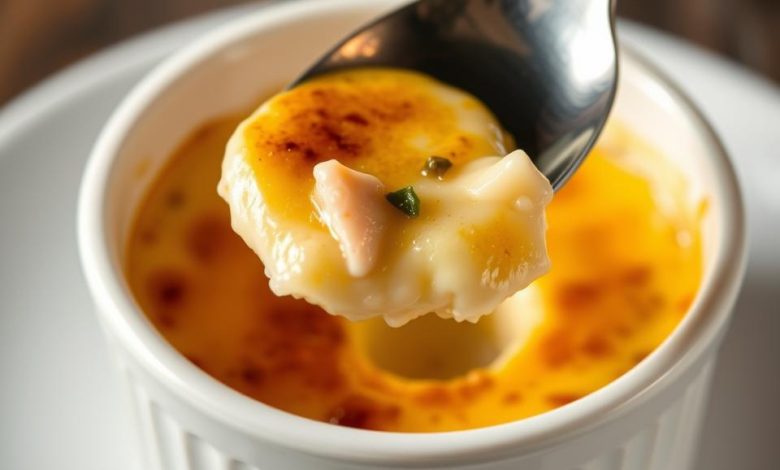 Savory Crab Brulee Recipe: A Delightful Crab Crème Brûlée Experience 11 A creamy spoonful of Crab Brûlée Recipe served in a white ramekin with caramelized topping and fresh crab meat pieces.