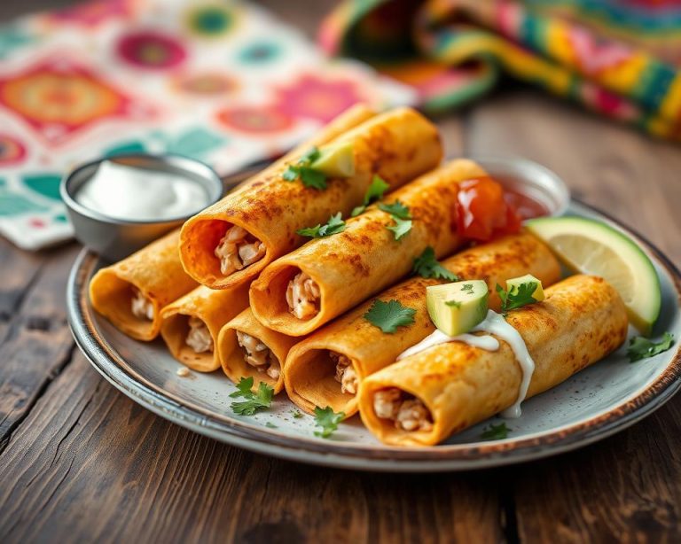 Crispy chicken flautas on a plate, topped with fresh avocado slices, cilantro, sour cream, and salsa.