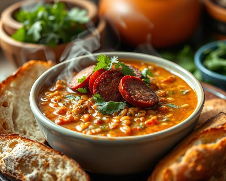 Close-up of a steaming bowl of Mexican lentil soup (lentejas) topped with chorizo slices and fresh cilantro, served with crusty bread on a rustic table setting.