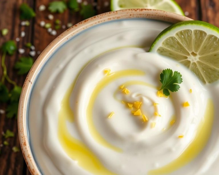 A bowl of creamy Mexican crema garnished with lime zest, a cilantro leaf, and a drizzle of olive oil, ideal for adding to tacos or enchiladas.