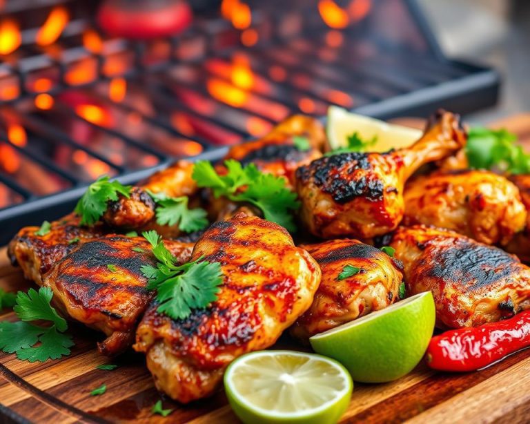 Grilled Pollo Asado with a golden, charred crust, garnished with fresh cilantro and lime wedges, sizzling on a wooden board near an open grill.