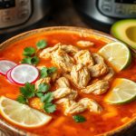 A rustic bowl of pozole soup (also called pazole), filled with hominy and shredded meat, served with vibrant toppings like radishes, lime wedges, and tortillas—perfect for a hearty chicken pozole feast.