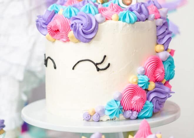 Easy Unicorn Cake - Create Your Dream Unicorn Cake Today! 11 Finished unicorn cake with colorful frosting decorations, a golden horn, and eyes drawn on the icing.