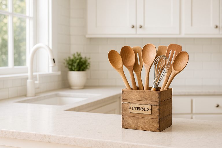 DIY wooden kitchen utensil holder on a rustic farmhouse countertop