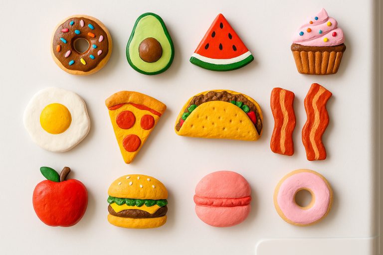 Handmade-clay-food-magnets-on-a-fridge-door