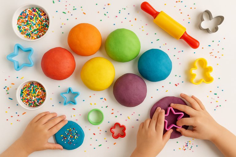 Rainbow edible play dough balls with sprinkles and cookie cutters on a white tabl