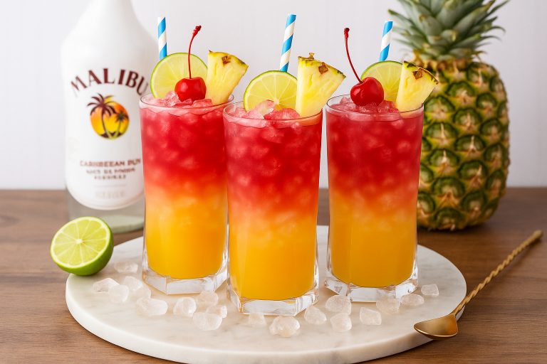 Tropical Malibu Bay Breeze cocktail in a highball glass with crushed ice, garnished with a maraschino cherry, lime slice, pineapple wedge, and a blue-striped straw on a marble board with a Malibu rum bottle and fresh pineapple in the background