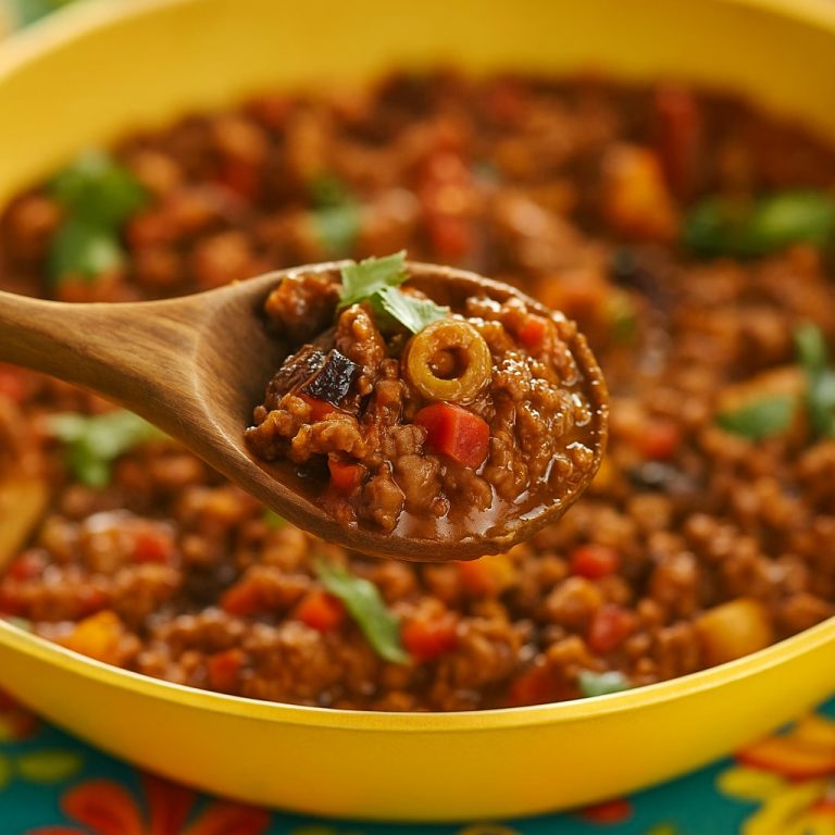 Traditional Puerto Rican picadillo recipe served in a skillet, featuring seasoned ground beef, green olives, and sofrito, garnished with fresh herbs