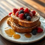 French toast with cinnamon and syrup on a white plate