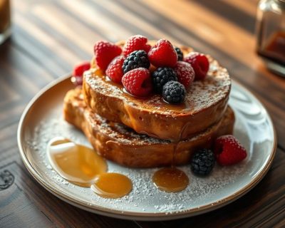 French toast with cinnamon and syrup on a white plate