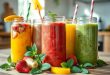 smoothie recipes An assortment of colorful smoothies in clear glasses, featuring tropical fruits, green vegetables, and vibrant ingredients, perfect for healthy and refreshing recipes