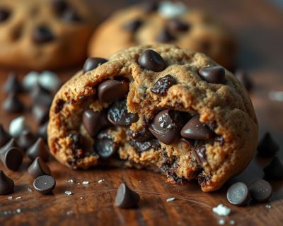 Chocolate Chip Cookie Recipe Close-up of a freshly baked chocolate chip cookie with melted chocolate chips, placed on a rustic wooden table.