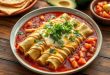 Ingredients for enchiladas, including tortillas, chicken, and green sauce