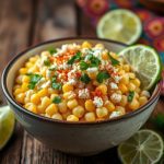 A bowl of Mexican street corn salad (esquites) with golden corn, cotija cheese, chili powder, cilantro, and lime wedges, served on a rustic table.
