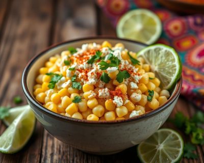 A bowl of Mexican street corn salad (esquites) with golden corn, cotija cheese, chili powder, cilantro, and lime wedges, served on a rustic table.