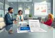 Professional business meeting focused on financial strategies, credit cards, and investment options, with charts and reports displayed in a modern office setting